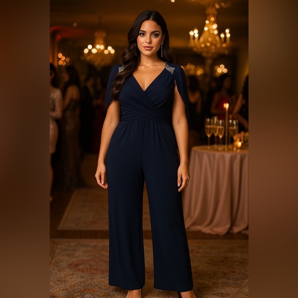 NWT RM Richards Navy Blue Jumpsuit Capelet Formal Evening Cocktail Party Onesie - Picture 1 of 8